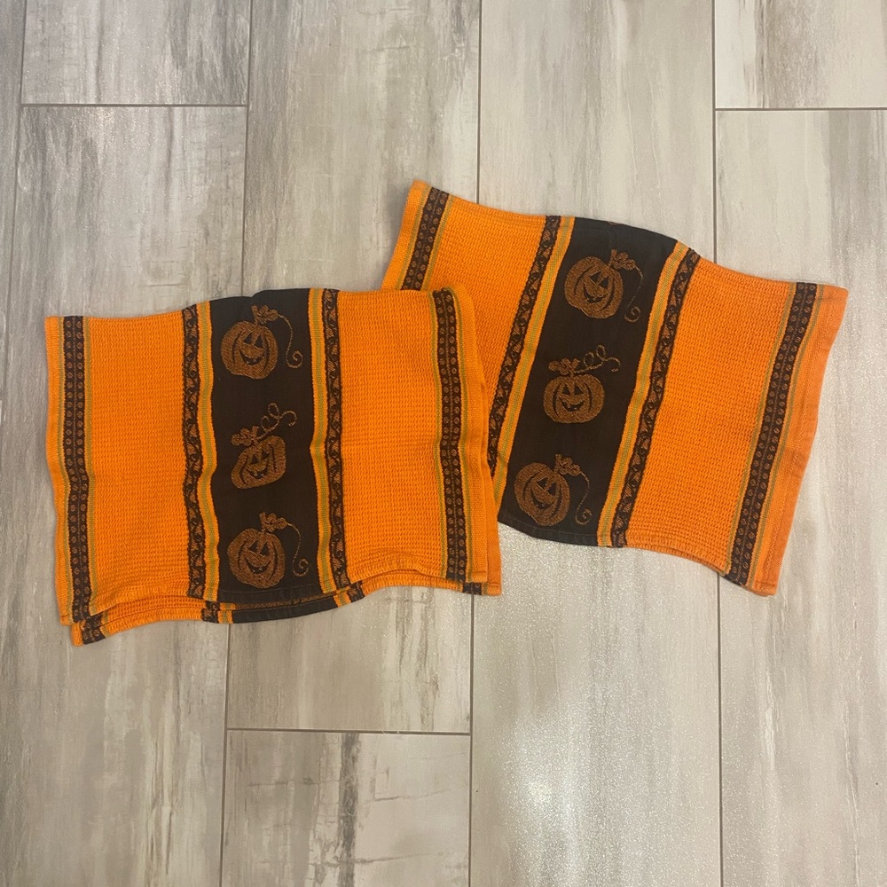 Bundle Pair of Halloween Jack O’Lantern Pumpkin Waffle Weave Hand Dish Towels